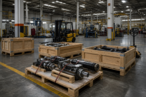 Área de manufactura con tarimas de madera y huacales listos para mover producto