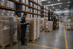 Tarimas de madera identificadas en zona de inventario en almacén industrial mexicano