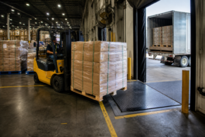 Pallets de madera con mercancía listos para distribución en centro logístico mexicano