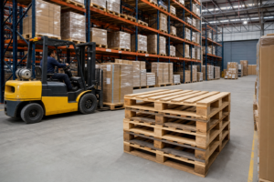 Pallets de madera en pasillo de almacén industrial con racks y montacargas