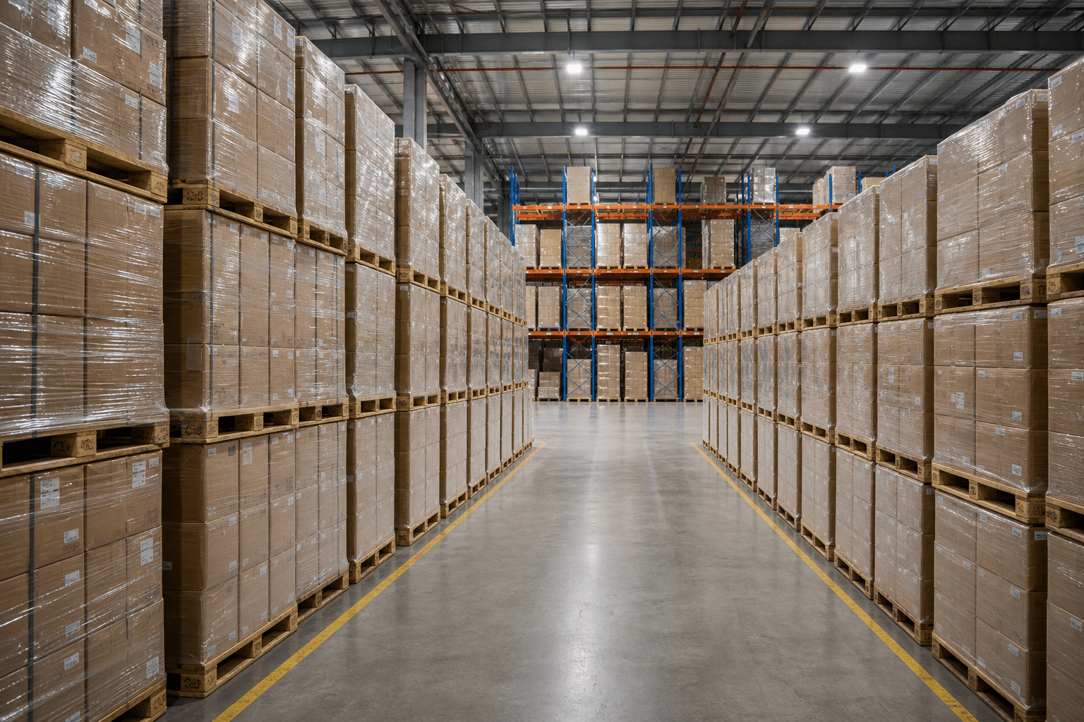 Almacén industrial con pallets de madera organizados optimizando espacio