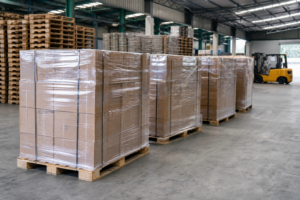 Tarimas de madera con marcado HT listas para exportación en área de embarque