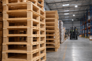 Tarimas de madera apiladas listas para carga de mercancía en almacén industrial